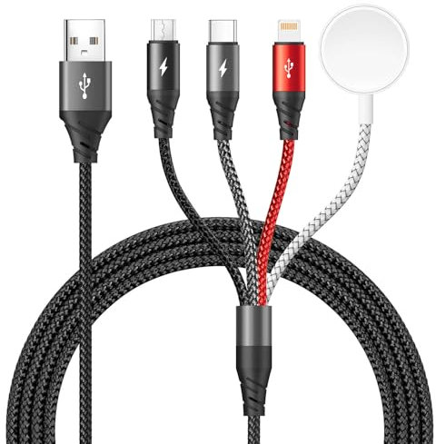 4 en 1 Cargador para Apple Watch 1.2m Cable de Carga Magnética Cargador iPhone Carga Rapida Cargador Multiple USB con Lightning/USB C/iWatch/Micro para iWatch 9/8/7/6/5/4/Ultra,iPhone 15 14 13 12