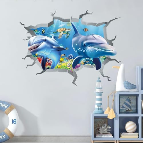 ANHUIB Wandtattoo Unterwasserwelt,Wandsticker Fische Unterwasserwelt,3D Wandaufkleber für Meer,Wandaufkleber Ozean Fisch Meeresschildkröten,Wandsticker Junge Kinderzimmer Badezimmer Wanddeko