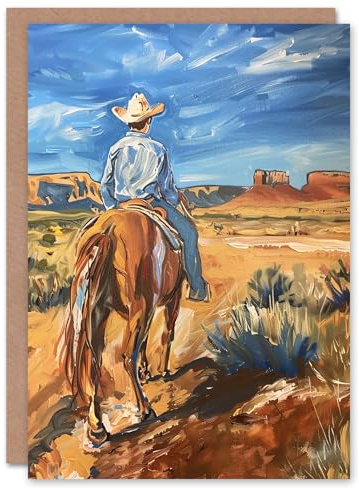 Artery8 Cowboy Riding Horse Arizona Wild West Landscape For Him Man Birthday Card