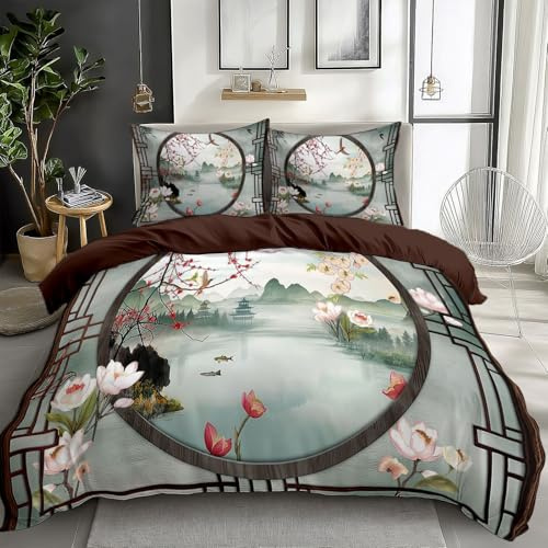 CozyRest Bettwäsche Set 135 x 200 cm Wende Bettbezug Set, Dunkelbraun, Chinesischer klassischer Seeblick, Weiche Vier Jahreszeiten Bettbezug mit Reißverschluss und 80x80cm Kissenbezug