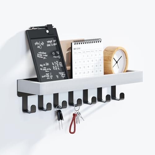 SWTYMIKI Key Rack with Wooden Tray and 7 Hooks - Multifunctional Key Holder/Key Board with Shelf for Hallway, Bedroom & Kitchen, Hanging Kitchen Cutlery (31 x 8 cm), Weiß