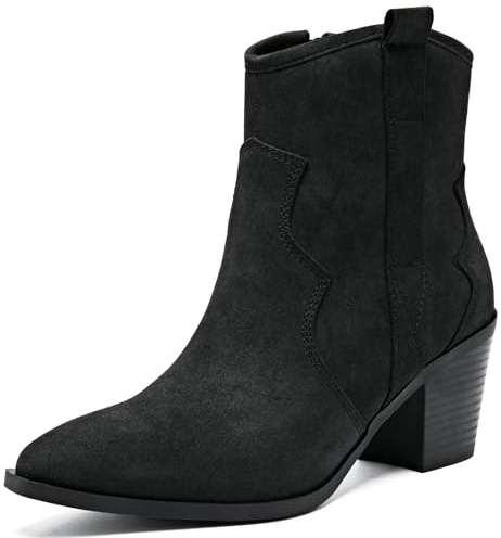 Ruiee Women's Cowboy Ankle Boots Western Cowgirl Chunky Heeled Booties, Classic Comfortable Casual Low Mid Heel Calf Short Boots for Women.