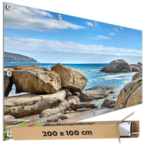 TRIOSK Sichtschutz Balkon Deko Plane Balkonblende Blickdicht mit Motiv Felsen Bucht Südafrika Ozean für Garten Terrasse Gartenzaun Balkonverkleidung Blickschutz PVC groß 200x100 cm