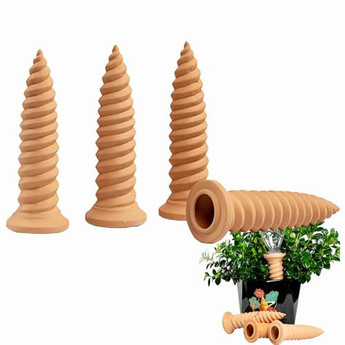 MKNZOME Automatic Plant Waterer, 4 Pack Terracotta Self Watering Plant Spikes Plant Watering Devices for Wine Bottles Vacation Clay Plant Garden Watering Stakes for Indoor & Outdoor Plants