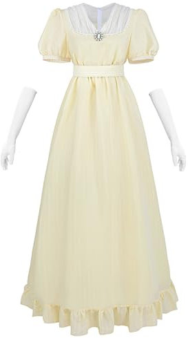 CR ROLECOS Viktorianisches Kleid 19 Jahrhundert Regency Kleid Damen V-Ausschnitt Empire Taille mit Handschuhe für Teeparty, Ball, Abendkleid Gelb M