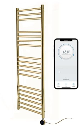 Greened House Electric Boston Heated Towel Rail Brushed Brass Smart WiFi Controlled Stainless Steel Flat 7 Day Programmable Timer App Compatibility (400mm W x 1000mm H)