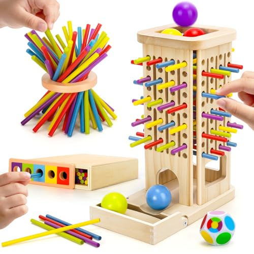 Montessori Spiel Brettspiel aus Holz für Kinder Spiel, 40 Stück Bunte Holzstäbchen Würfelspiel Lernspielzeug für 3 4 5 6 7 8 Jahre Mädchen Junge Geschenk Geburtstag Reisespiel Spielsachen für 3-8