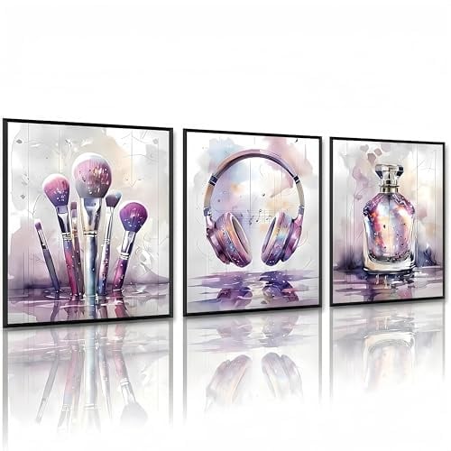 Linilioart Wandkunst-Bilder für Teenager-Mädchen, 3er-Set, Rosa und Violett, Spritzdrucke, Headset, Musikliebhaber, Poster für Schlafzimmer, Ungerahmt, 30 x 40 cm