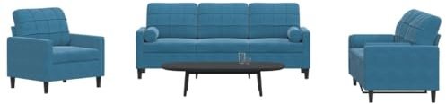 Mandloder 3-TLG. Sofagarnitur aus Samt, Blau, mit Kissen & Nackenrollen, 1er Sessel, 2er & 3er Sofa Set, gemütliche Polsterung für Wohnzimmer, modern und robust