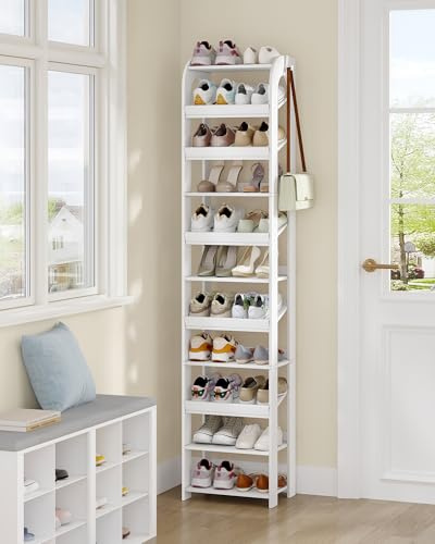 Hzuaneri Vertikales Schuhregal, 11 Ebenen, mit Haken, 42,5B cm, Weiß | Holz-Schuh-Organizer für Schrank, Eingang, Schuhturm für Kleine Räume, Freistehend, Verstellbar, SR13403X