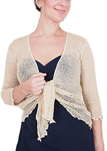 Mimosa Mesdames Femme Boléro au Crochet Briller en Dentelle Plaine Etendue Résille Cardigan Haussement D'épaules (Taille Unique, Cream/Gold)
