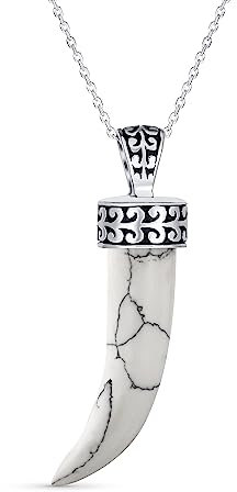Bling Jewelry Amulette de protection dent Howlite blanche grise Cornicello corne italienne L pendentif piment collier bijou occidental pour femmes pour hommes argent sterling oxydé .925.