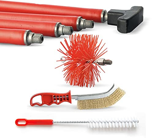 BARETTO Kit Pulizia Camino, Kit Pulizia Camino con Prolunghe di 6 Metri con Curvatura a 45°, Kit Pulizia Canna Fumaria con Scovolo in Nylon (160 mm)