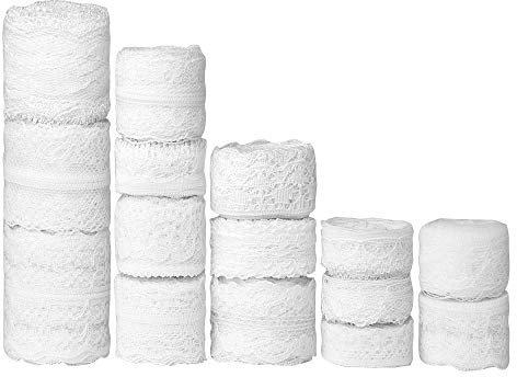 FEPITO 55,5 Yard Weißes Spitzenband Sortierte Muster Creme Vintage SpitzenBänder zum Nähen DIY Making und Braut Hochzeit Dekorationen, 15 Rollen