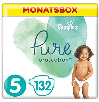 Pampers Baby Windeln Größe 5 (11+ kg) Pure Protection, 132 Stück, MONATSBOX, Mit Premium-Baumwolle Und Pflanzenbasierten Materialien