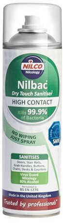 Nilco Nilbac ‘Dry Touch Sanitiser’ 500ml HIGH CONTACT frequent use aerosol with Virus Guard Nilcology NO WIPING JUST SPRAY KILLS 99.9% of Bacteria