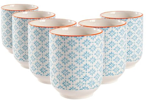 Nicola Spring Hand-Printed Tumbler - 280ml - Blue - Pack of 6 - No Handle Hot Chocolate Cups Breakfast Tea & Coffee Mugs for Kitchens, Cafes & Restaurants