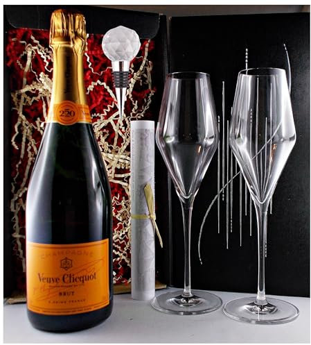 Champagner Veuve Clicqout Brut Yellow + Flaschenverschluß + 2 Gläser Geschenk