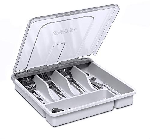 YICOCHI Utensilienhalter für Arbeitsplatte mit Deckel, Kunststoffablage für Besteck, 5 Fächer, Weiß