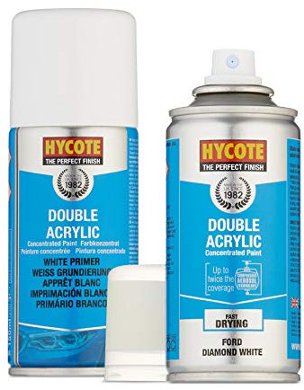 Hycote Double Acrylic Ford Diamond White Spray Paint 150ml + White Primer Kit