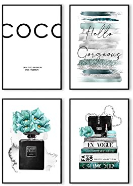 Postertech® Premium Poster Set | 4 Bilder als stilvolle Wanddeko | 4X DIN A4 | Rosen Paris Blumen Coco Spruch (Set Türkis Grau)