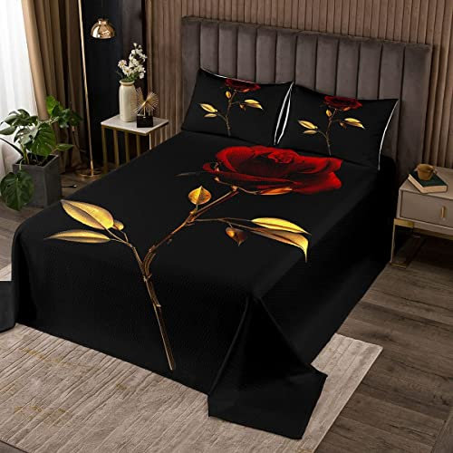 Homemissing Rose Bettdecke Rot Gelb Rose Blumendekor Tagesdecke Kinder Jungen Mädchen Frauen Romantische Blumen Steppdecke 3D Vivid Rose Tagesdeck 220x240cm Schwarz Bedruckte Bettdecke