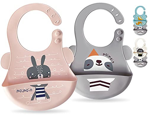 Peplino Bavoirs bébé en silicone, Bavoir silicone souple, léger, imperméable, lavable avec récupérateur pour attraper les aliments, cadeau mignon bébé et enfant (Zoo, Rose & Gris)