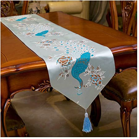 Dsnyu 34x205 cm Tischläufer Blau Blumen Gestickte Blumen und Pfau Polyester Tischläufer Abwaschbar mit Quaste