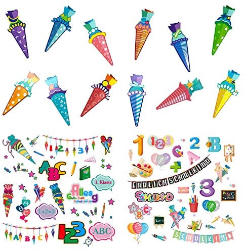 Oblique Unique® Schuleinführung Schulanfang Einschulung Deko Set für Jungs und Mädchen - 12 STK. Zuckertüten Konfetti + 2X Aufkleber Set zum Thema Schule