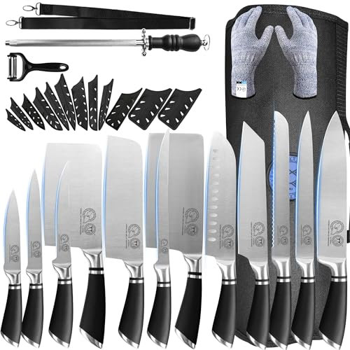 XYJ Professional Knife Set per Maestri Chef, 12-pcs Chef Knife Set con Sacchetto, Fodero, Culinary Kitchen Macellaio Coltelli, Cottura Taglio, Santoku, Utility, Frutta, Acciaio Inox