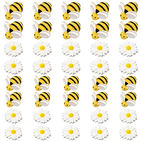 BEEFLYING 60 Stück Gänseblümchen Blume Bienenharz Cabochons Honigbienen Flatback Verzierung Bemalte Perlen für DIY Dekor Scrapbooking Handwerk Zubehör
