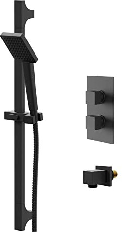Wholesale Domestic Colore Square Matt Black Concealed Twin Thermostatic Shower Valve with Square Slide Rail Kit and Square Elbow - 1 Outlet