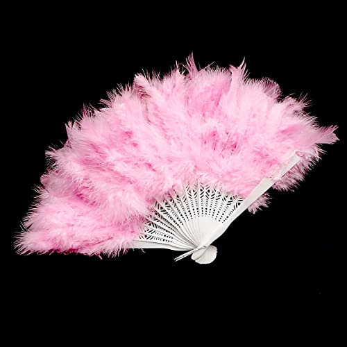 Jagowa Feather Fan - Elegant Hand-Operated Fluff Fan for Weddings, Parties, Performances & Dance - Delicate Pink Folding Fan with Hair Accessory - 1 Piece
