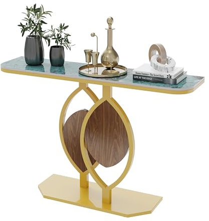 FATIVO Konsolentisch Echte Marmor Blau Gold Schmal Elegant, Gesinterter Stein Skandinavisch Flurtisch mit Gold Metallgestell und Gold Grundplatte - Eingangtisch für Schlafzimmer Wohnzimmer 120×30×78cm