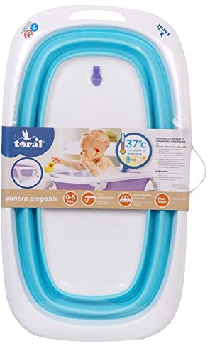 Toral Bañera Plegable Bebé con Patas Azul - Bañera Bebe con Patas Comoda, Facil de Guardar, con Tapon Indicador de Temperatura y Patas Antideslizantes - Bañera Bebé Plegable Portatil