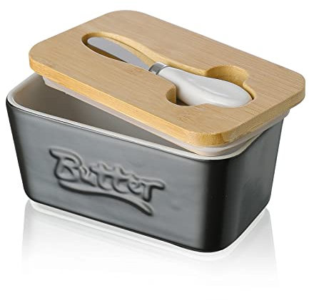 Butterdose Porzellan, Henten Home Butterschale mit Holzdeckel und Buttermesser, Keramik Butterhalter für Butteraufbewahrung und Heimküchendekoration. (Matt Schwarz)