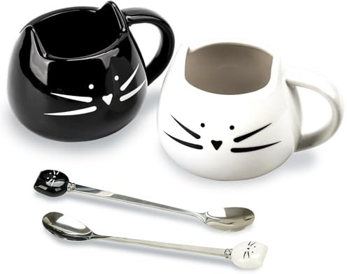 GeeWaa 2 Stück Nette Katze Kaffeetassen Set mit Löffel Keramik Kaffeebecher Set Geschenke für Katzenliebhaber Frauen Mädchen Weihnachten Geburtstag (12 oz, Weiß und Schwarz)