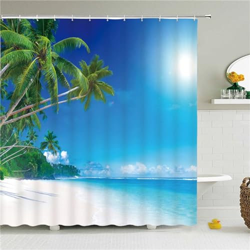 Guofuos Duschvorhang Meereskokosnussbaum 120x90cm Duschvorhäng Anti Schimmel,Wasserabweisend Stoff Duschrollo Waschbar,3D Draussen Bad Vorhang Schnell Trocknend,Badewanne Badezimmer Decor Vorhänge