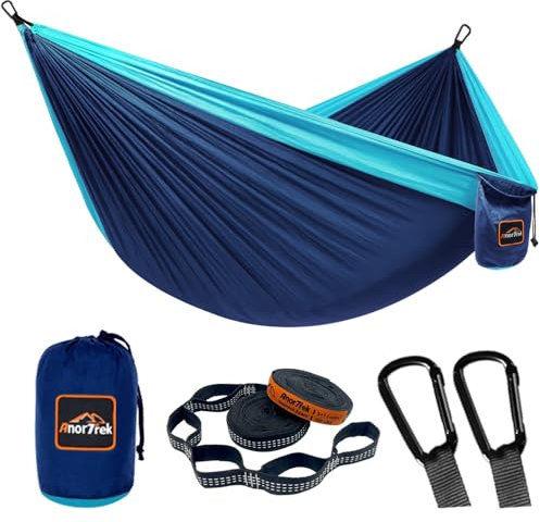 AnorTrek Hamaca de camping, hamaca de paracaídas portátil súper ligera con dos correas de árbol, hamacas individuales o dobles de nailon para árbol de viaje para camping, mochileros, senderismo