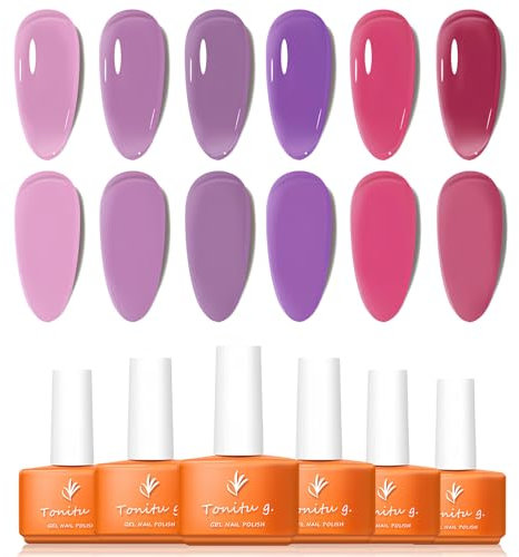 Tonitu G Jelly Gel Nail Polish Set 6 pcs Colors, Baby Pink,Lilac, Lavender, Violet, Fuchsia, Crimson Gel Nail Art Kit, UV LED Soak Off for Salon Manicure and Nail Art DIY at Home, for Gift