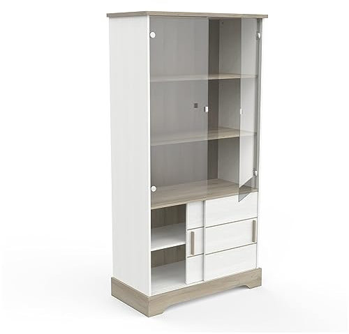 Vitrine Résistante A L’Eau En Bois Blanche 2 Portes Vitrées & 2 Portes Coulissantes – Coloris Chêne et Blanc – 92,7x45x79,7 cm