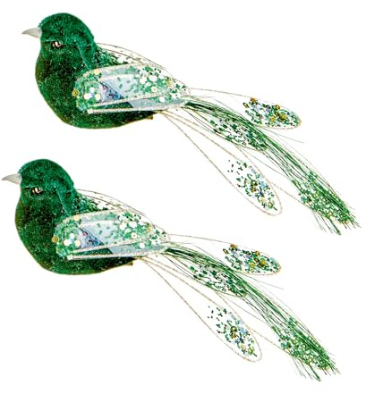 Christmas Tree Green Bird Clip on Decoration Glitter Sequin 18cm Set of 2-7552