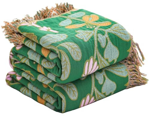 Wotcsil Plaid Canapé en Coton Vert Rose Floral Couverture Jeté Canapé Boho Réversible Couvre Lit Fauteuil Dessus Grande Taille Bohème, 200x230cm