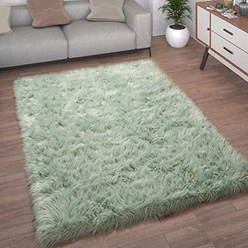 Paco Home Kunstfell Fellteppich Imitat Teppich Hochflor Sitzkissen Herzform Rund Fell Form, Grösse:90 cm Rund, Farbe:Mint-Grün