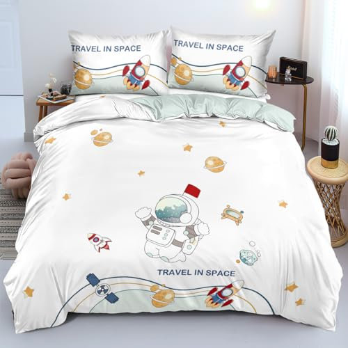Tospass Jungen Kinderbettwäsche 135x200 Weiß 2Teilig Hellblau Weltraum Astronaut Kinder Bettwäsche Weich Kuschelig Kinderbettwäsche 135x200+ Kissenbezüge 80x80 mit Space Satellit Stern Rakete Muster