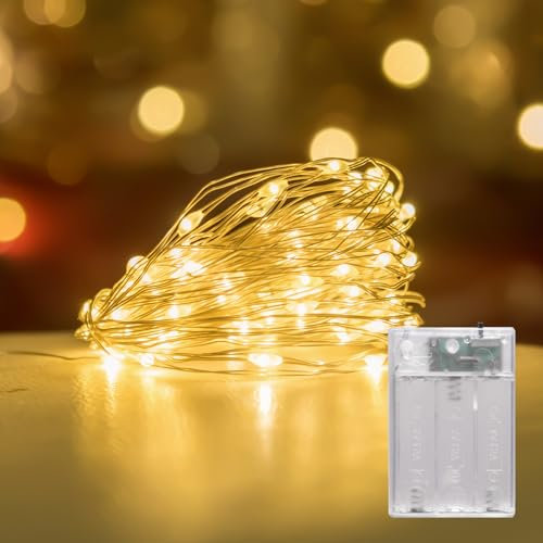 LEECOCO Guirlande lumineuse à piles - Avec fonction de minuterie - Micro LED - Pour Noël, chambre à coucher, fête, mariage, Halloween - Blanc chaud - 5 m - Minuterie