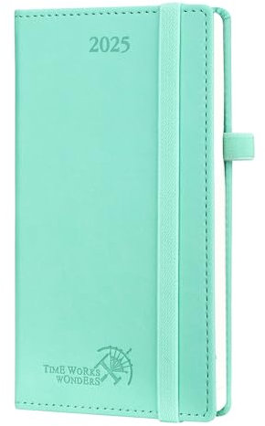 POPRUN Taschenkalender 2025 Klein 16,5 x 9 cm (Jan.2025-Dez.2025) - Kalender 2025 Klein mit PU-Leder - Terminplaner, Planer 1 Woche 2 Seite mit Stiftschlaufe - Mintgrün