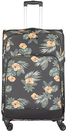 Franky Koffer T1-S Weichgepäck Trolley aus Polyester mit 360° Leichtlaufrollen, Reißverschlussfach und Front Taschen | 47cm x 79cm x 31/35cm (Dark Flower, L-großer Koffer 79cm)