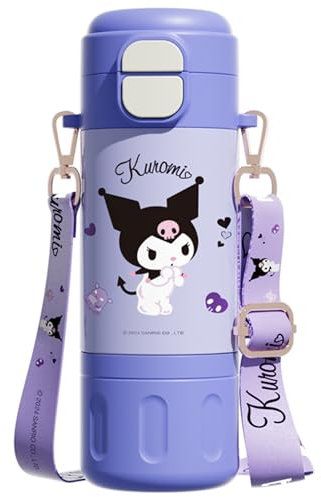 Kuromi Isolierte Wasserflasche aus Edelstahl mit Gurt (Tülle und Strohhalm), 480 ml, Violett