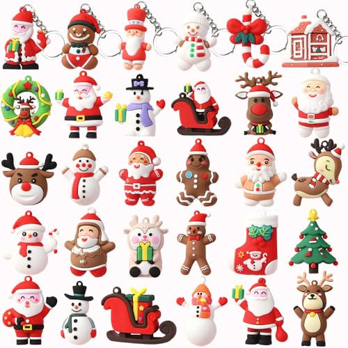 Gudotra Lot de 30 Porte-clé de Noël Porte Clef Pendatif Suspendu Forme Père Noël Renne Bonhomme de Neige Gadgets de Noël Cadeau pour Enfant Accessoires de Noël